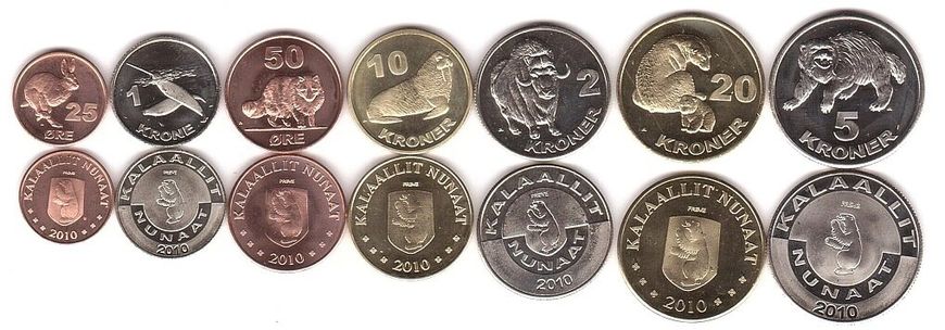 Greenland - set 7 coins 25 50 Ore 1 2 5 10 20 Kroner 2010 - aUNC / UNC