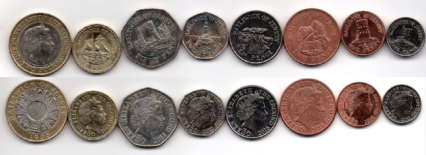 Джерси - 5 шт х набор 8 монет 1 2 5 10 20 50 Pence 1 2 Pounds 1998 - 2016 - aUNC