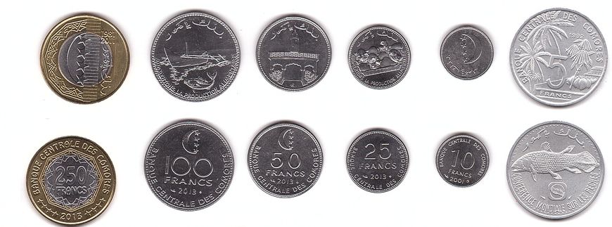 Коморские острова / Коморы - набор 6 монет 5 10 25 50 100 250 Francs 1992 - 2013 - UNC