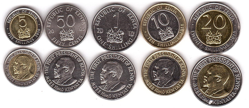 Кения - набор 5 монет 50 Cents 1 5 10 20 Shillings 2005 - 2010 - aUNC