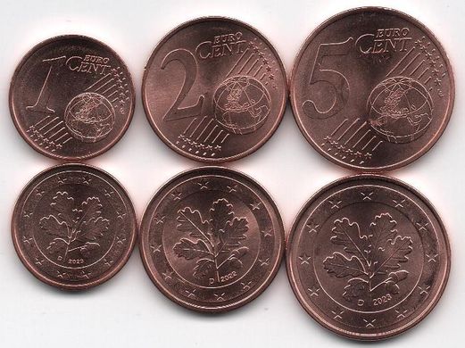 Німеччина - 5 шт х набір 3 монети 1 5 10 Cent 2022 - 2023 - D - UNC