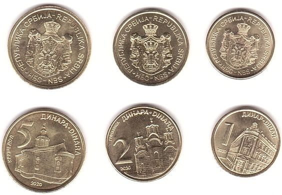 Сербія - набір 3 монети 1 2 5 Dinara 2020 - UNC