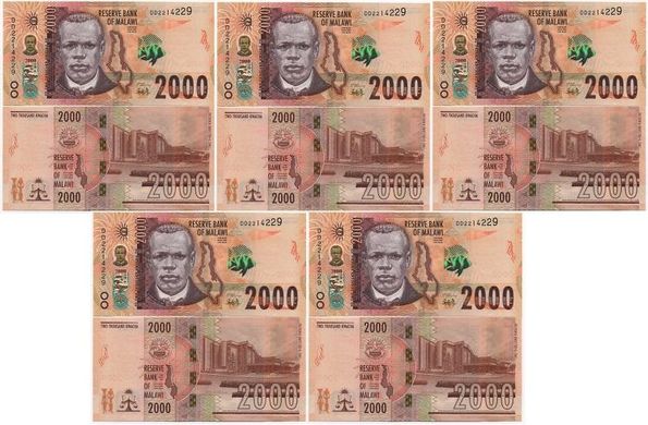 Малаві - 5 шт х 2000 Kwacha 2022 - P. W70 (1.10.2022) - UNC