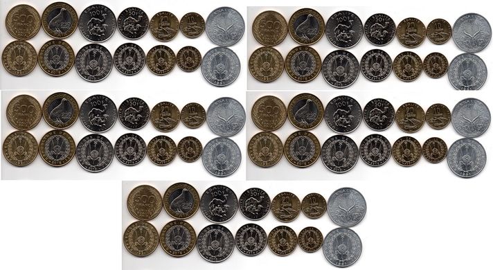 Джибути - 5 шт х набор 7 монет 5 10 20 50 100 250 500 Francs 1991 - 2013 - UNC