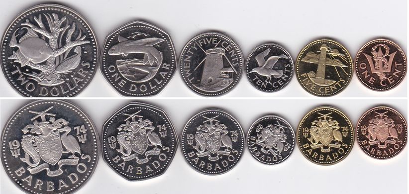 Барбадос - набор 6 монет 1 5 10 25 Cents 1 2 Dollars 1974 - Proof
