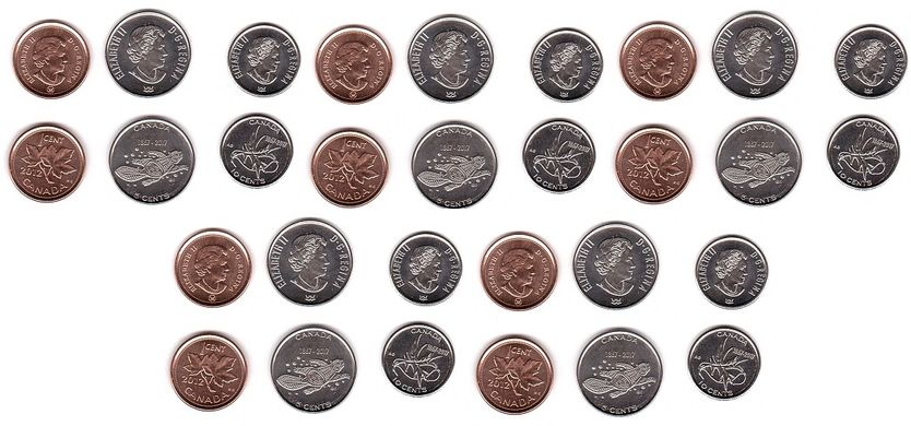 Канада - 5 шт х набор 3 монеты 1 5 10 Cents 2012 - 2017 - comm. - aUNC / UNC
