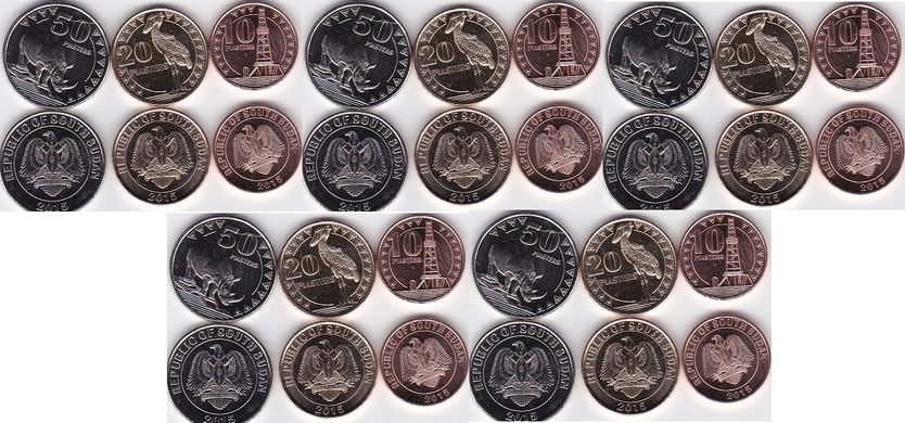 Судан Южный - 5 шт х набор 3 монеты 10 20 50 Piastres 2015 - UNC