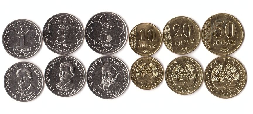 Таджикистан - набір 6 монет 10 20 50 Diram 1 3 5 Somoni 2018 - UNC