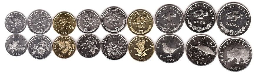 Хорватія - набір 9 монет - 1 2 5 10 20 50 Lipa 1 2 5 Kuna 1999 - 2013 - UNC