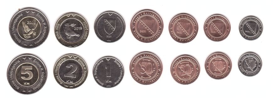 Боснія - набір 7 монет 5 10 20 50 Feninga 1 2 5 KM 2009 - 2021 - UNC