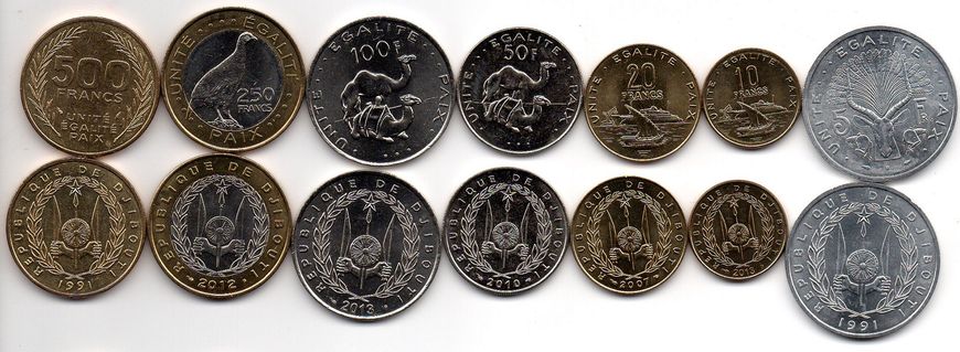 Джибути - 5 шт х набор 7 монет 5 10 20 50 100 250 500 Francs 1991 - 2013 - UNC