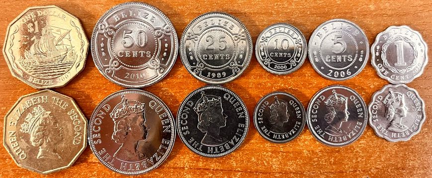 Belize - 5 pcs x set 6 coins 1 5 10 25 50 Cents 1 Dollar 1989 - 2010 - UNC
