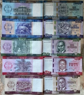 Либерия - набор 5 банкнот 20 50 100 500 1000 Dollars 2022 - UNC