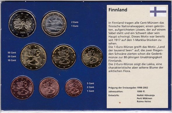 Финляндия - набор 8 монет 1 2 5 10 20 50 Cent 1 2 Euro 2005 - 2007 - в синем буклете - UNC