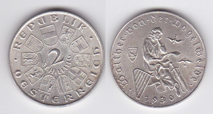 Австрія - 2 Shillings 1930 - 700 років від дня смерті Вальтера фон дер Фогельвейде - срібло - UNC/aUNC