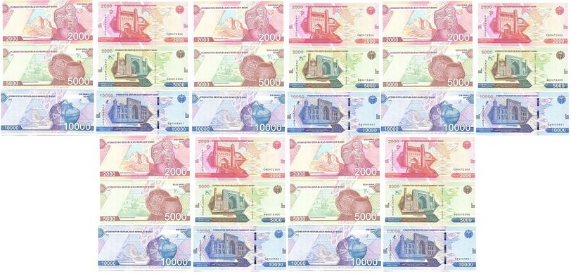 Узбекистан - 5 шт х набор 3 банкноты 2000 5000 10000 Sum 2021 - UNC