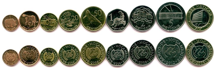 Mozambique - set 9 coins 1 5 10 20 50 Centavos 1 2 5 10 Meticais 2006 - 2012 - UNC