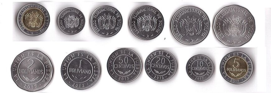 Bolivia - set 6 coins 10 20 50 Centavos 1 2 5 Bolivanos 2012 - 2017 - UNC