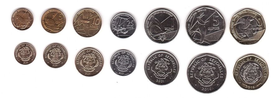 Seychelles - 5 pcs x set 7 coins 1 5 10 25 Cents 1 5 10 Rupees 2016 - 2022 - UNC