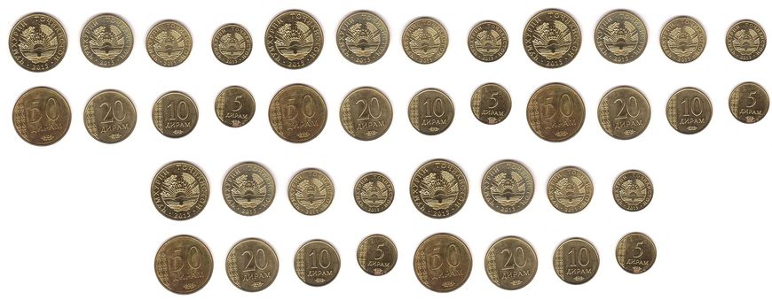 Таджикистан - 5 шт х набір 4 монети 5 10 20 50 Diram 2015 - aUNC / UNC