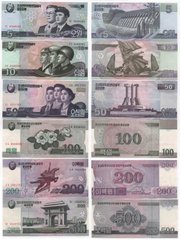 Корея Северная - набор 6 банкнот 5 10 50 100 200 500 Won 2002 - 2008 - UNC