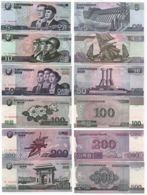 Корея Північна - набір 6 банкнот 5 10 50 100 200 500 Won 2002 - 2008 - UNC