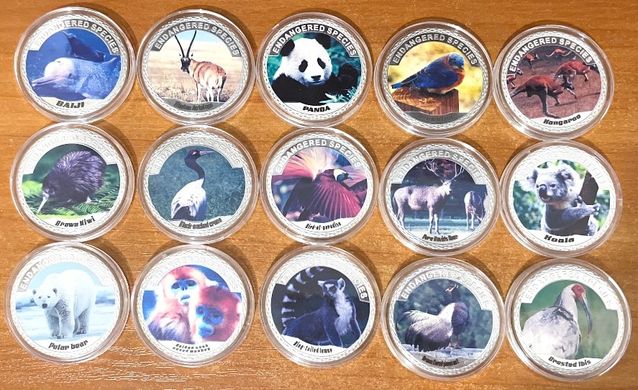 World Animal Protection - набор 15 монет x 100 Dollars - Монеты исчезающих видов - в капсулах - UNC