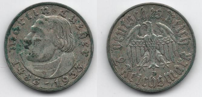 Германия - 2 Reichsmark 1933 - J - серебро - VF