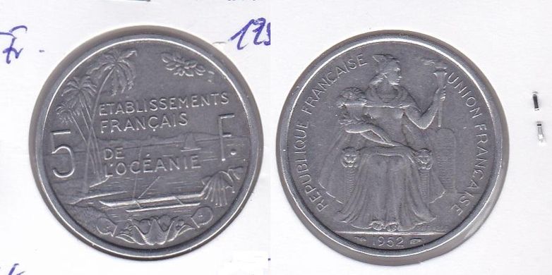 Французька Океанія - 5 Francs 1952 - в холдері - VF