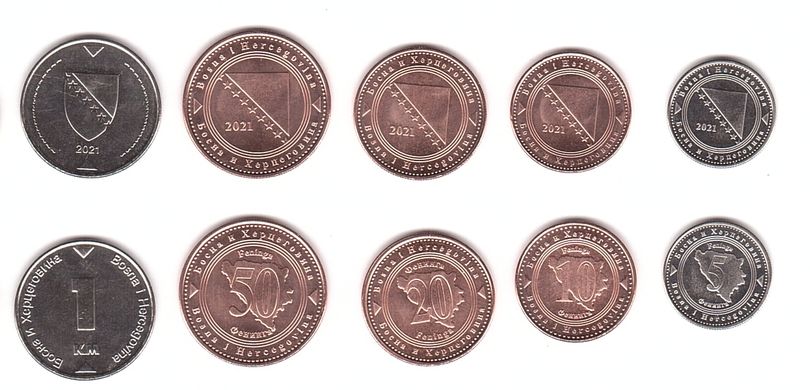 Босния - 5 шт х набор 5 монет 5 10 20 50 Feninga 1 KM 2021 - UNC