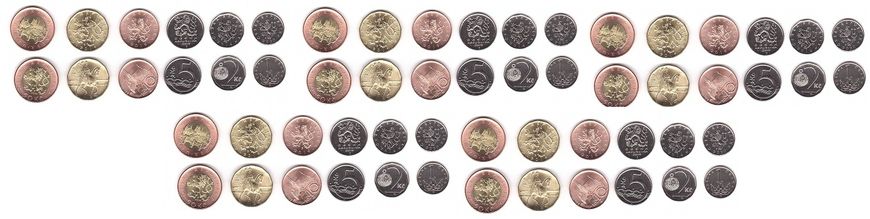 Czech Republic - 5 pcs x set 6 coins 1 2 5 10 20 50 Korun 2019 - 2020 - UNC