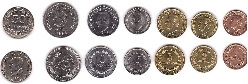 El Salvador - set 7 coins 1 2 3 5 10 25 50 Centavos 1972 - 1999 - UNC / aUNC
