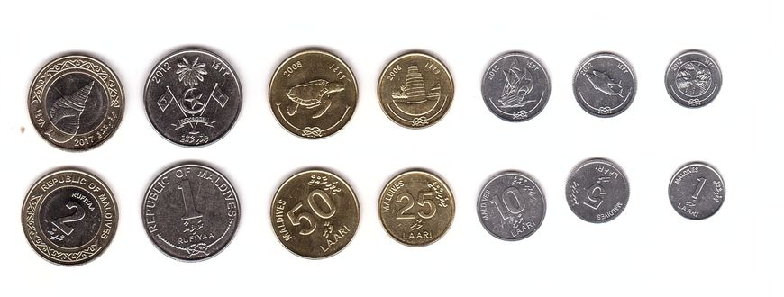 Maldives - 5 pcs x set 7 coins 1 5 10 25 50 Laari 1 2 Rufiyaa 2008 - 2017 - UNC