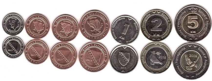 Bosnia - set 7 coins 5 10 20 50 Feninga 1 2 5 KM 2009 / 2019 - UNC