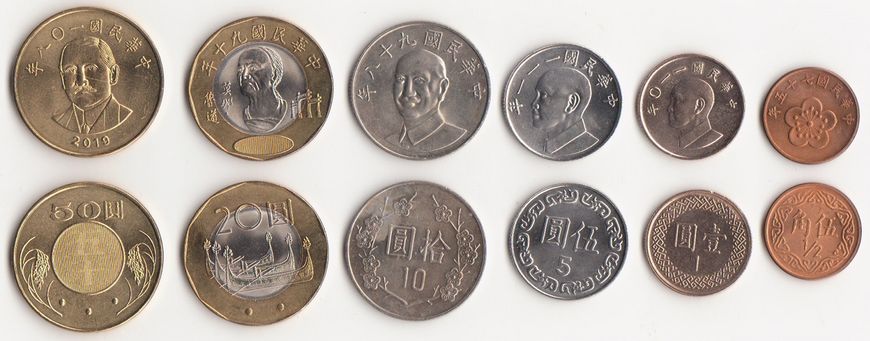 Taiwan - set 6 coins 0,5 1 5 10 20 50 Yuan 1981 - 2019 - UNC