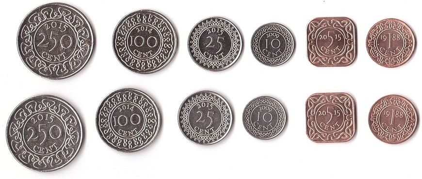 Суринам - 5 шт х набор 6 монет 1 5 10 25 100 250 Cent 1988 - 2015 - UNC / aUNC
