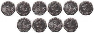 Острів Мен - 5 шт х 50 Pence 2021 - Божевільний Капелюшник - Пригоди Аліси в країні чудес - UNC