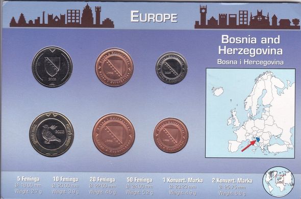 Боснія - набір 6 монет 5 10 20 50 Feninga 1 2 KM 1998 - 2008 у блістері - UNC