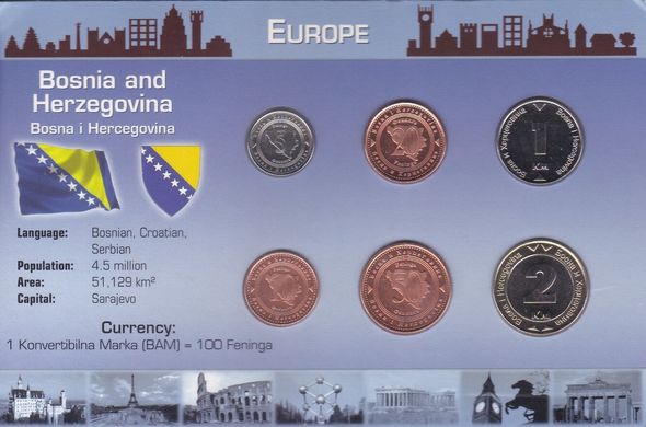 Босния - набор 6 монет 5 10 20 50 Feninga 1 2 KM 1998 - 2008 в блистере - UNC