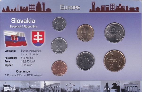 Словаччина - набір 7 монет 10 20 50 haller 1 2 5 10 Sk 2002 - 2007 - у картонці №2 - UNC