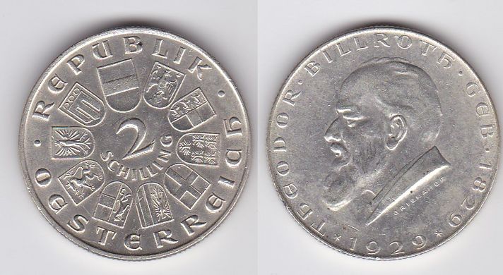 Австрія - 2 Shillings 1929 - 100 років від дня народження Теодора Більрота - срібло - UNC