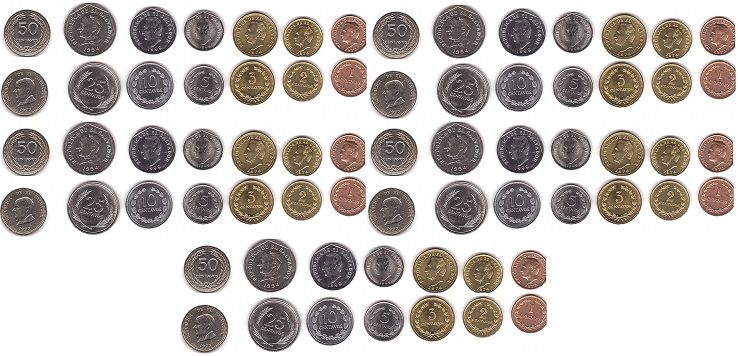 Сальвадор - 5 шт х набір 7 монет 1 2 3 5 10 25 50 Centavos 1972 - 1999 - UNC / aUNC