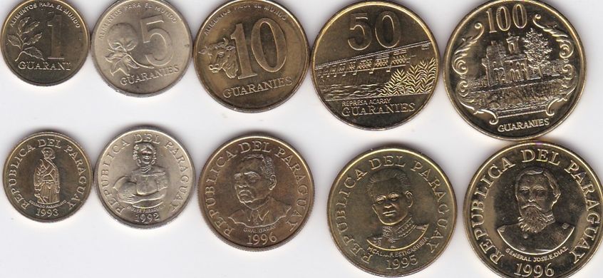 Парагвай - набір 5 монет 1 5 10 50 100 Guaranies 1992 - 1996 - aUNC + / UNC