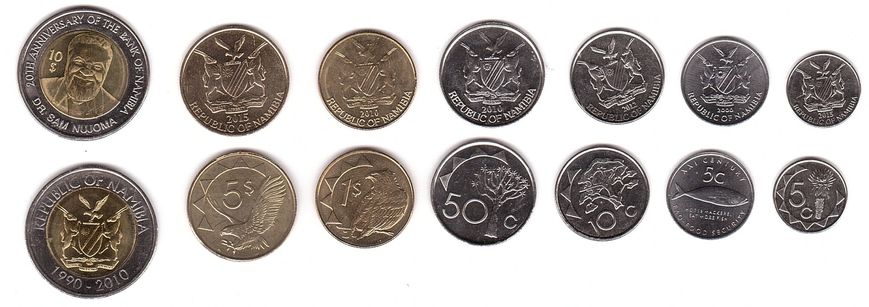 Намібія - 5 шт х набір 7 монет 5 5 10 50 Cents 1 5 10 Dollars 2000 - 2015 - UNC