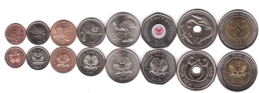 Папуа - Нова Гвінея - набір 8 монет 1 2 5 10 20 50 Toea colored, 1 2 Kina 1995 - 2014 - UNC / aUNC