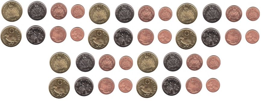 Гамбія - 5 шт х набір 4 монети 1 5 10 25 Bututs 1998 - UNC