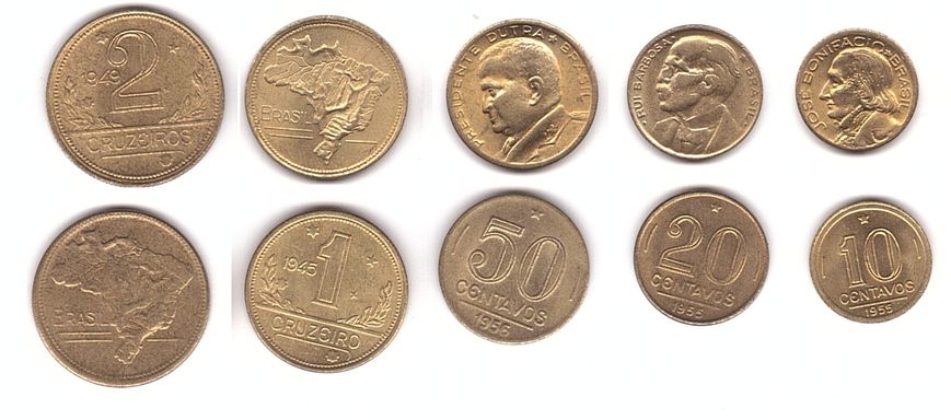Бразилия - 5 шт х набор 5 монет - 10 20 50 Centavos 1 2 Cruzeiros 1942 - 1956 - aUNC / XF