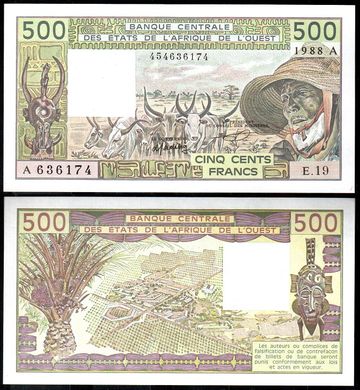 Западная Африка - 500 Francs 1988 - Pick 106Aa - letter A - UNC