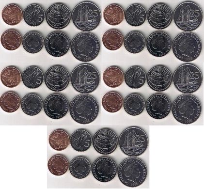 Кайманові Острови / Каймани - 5 шт х набір 4 монети - 1 + 5 + 10 + 25 Cents 2008 - UNC
