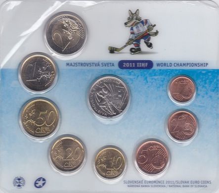 Словакия - Mint набор 8 монет 1 2 5 10 20 50 Cent 1 2 Euro + жетон 2011 - IIHF World Championship - in folder - UNC